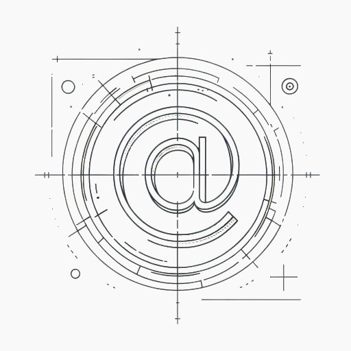 Minimalist line art featuring an "@" symbol at the center, surrounded by clean geometric shapes in a monochromatic color scheme.