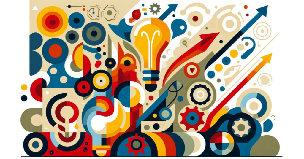 Simplified Orphism-style illustration with bold, circular forms and vibrant colors, symbolizing energy, growth, and innovation in starting a microbusiness, with subtle icons like light bulbs and arrows.