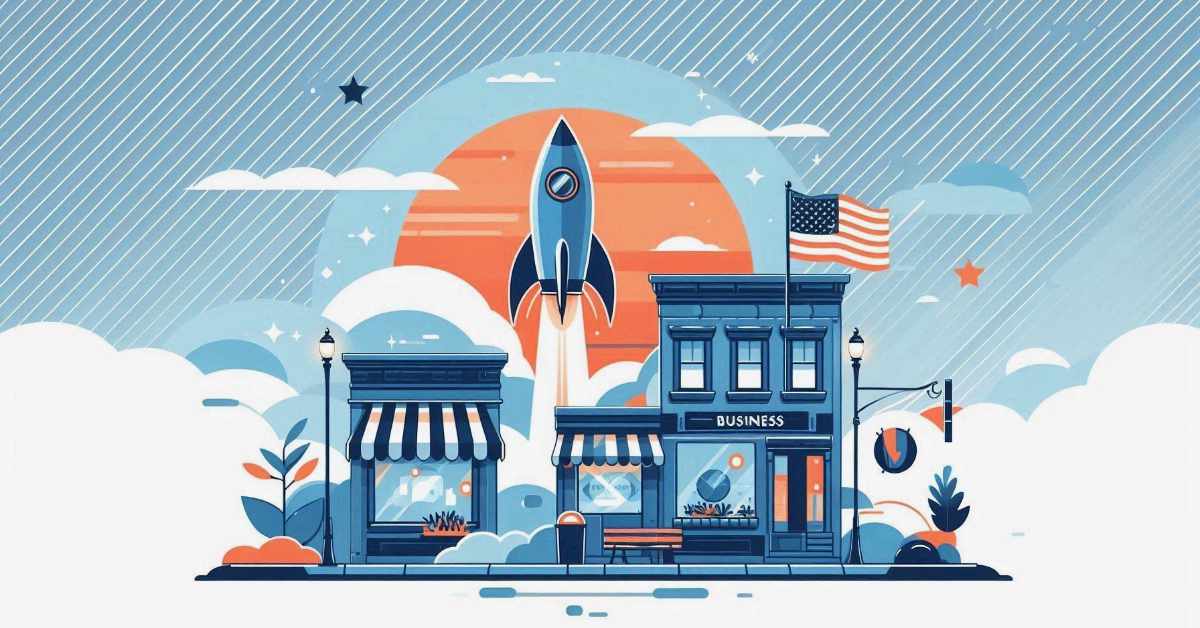 Flat design illustration of a rocket launching behind small town storefronts with an American flag, symbolizing the launch and growth of a microbusiness.