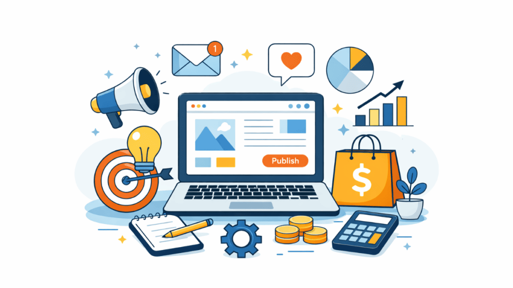 Budget-friendly tools for small business illustration showing website, marketing, and productivity tools