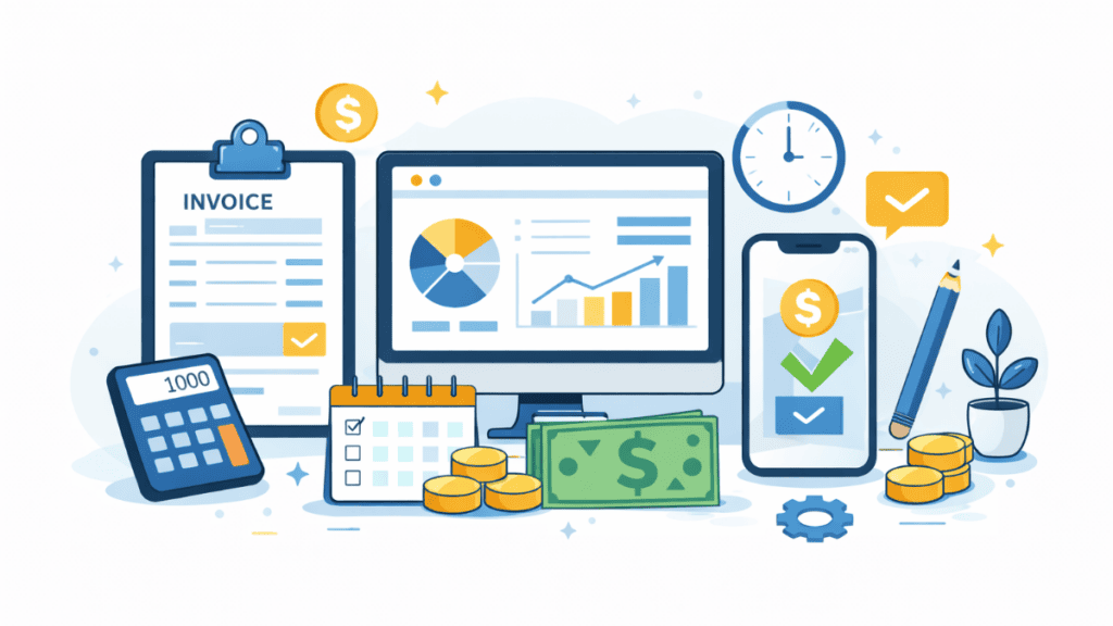 Small business finance and organization tools illustration showing invoices, payments, and expense tracking