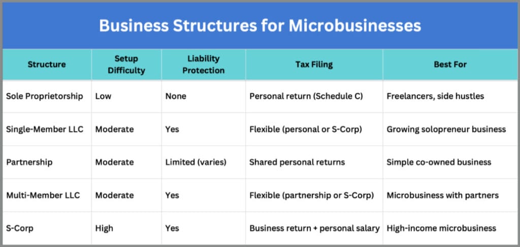 Table comparing sole proprietorship, LLC, partnership, and S-corp for microbusinesses with setup, liability, tax filing, and best fit.