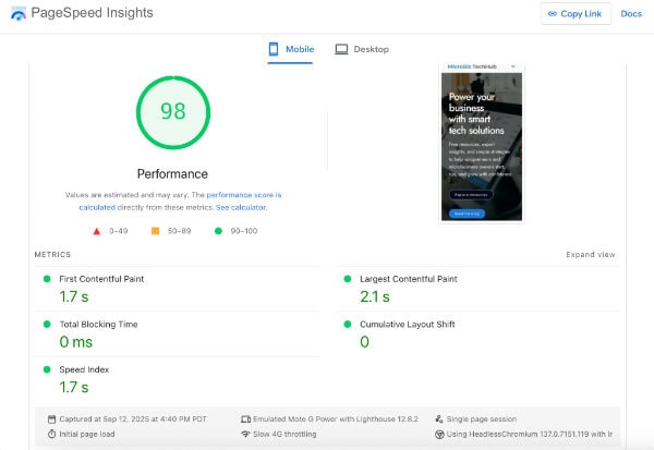 Screenshot of Google PageSpeed Insights showing a performance score of 98 for the MicroBiz TechHub website after caching and image optimization fixes.