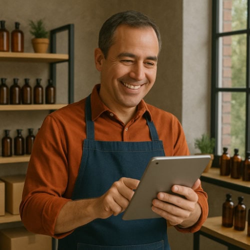 Smiling small business owner using a tablet, showing how technology helps simplify operations and improve productivity