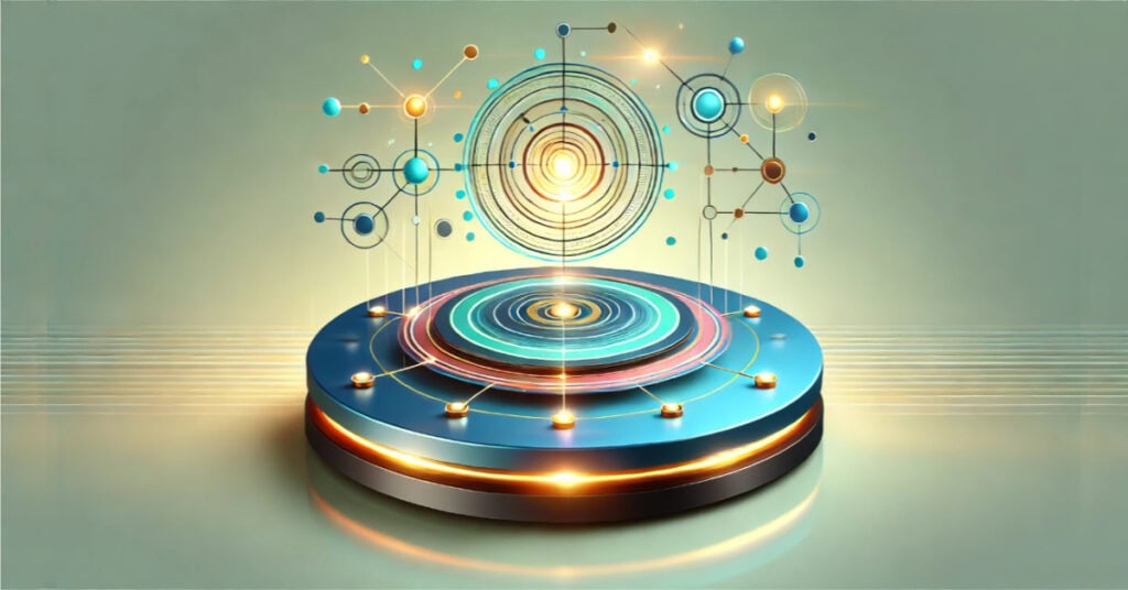 Futuristic abstract illustration of a glowing platform with connected nodes and circular patterns, symbolizing LaunchPoint as the starting hub for microbusiness success.