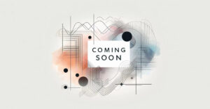 Coming Soon placeholder image with abstract geometric lines, circles, and watercolor background in orange, blue, and gray tones
