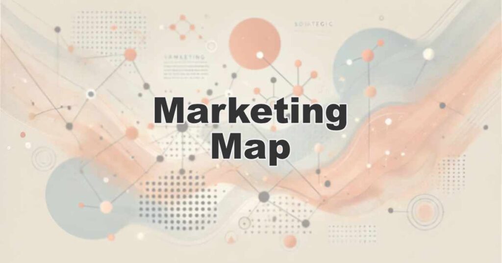 Marketing Map title image with abstract network of connected dots and flowing orange and blue shapes