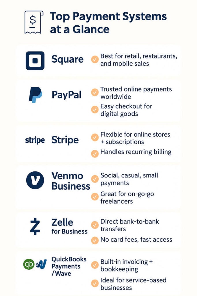 Infographic comparing top payment systems for small businesses including Square, PayPal, Stripe, Venmo Business, Zelle, and QuickBooks/Wave.