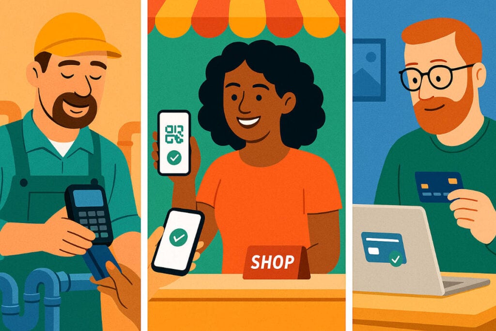 Illustration of three solopreneurs taking payments: a plumber using a mobile card reader, a vendor at a pop-up shop accepting mobile payments, and a freelancer invoicing online from a laptop.
