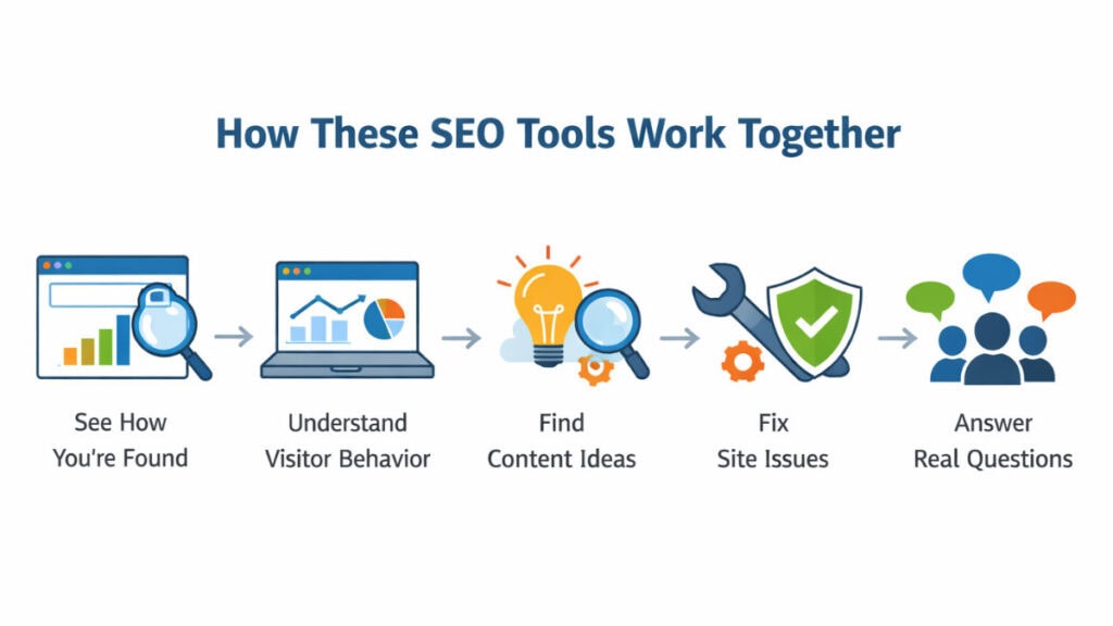 Diagram showing how free SEO tools work together to help a microbusiness get found online