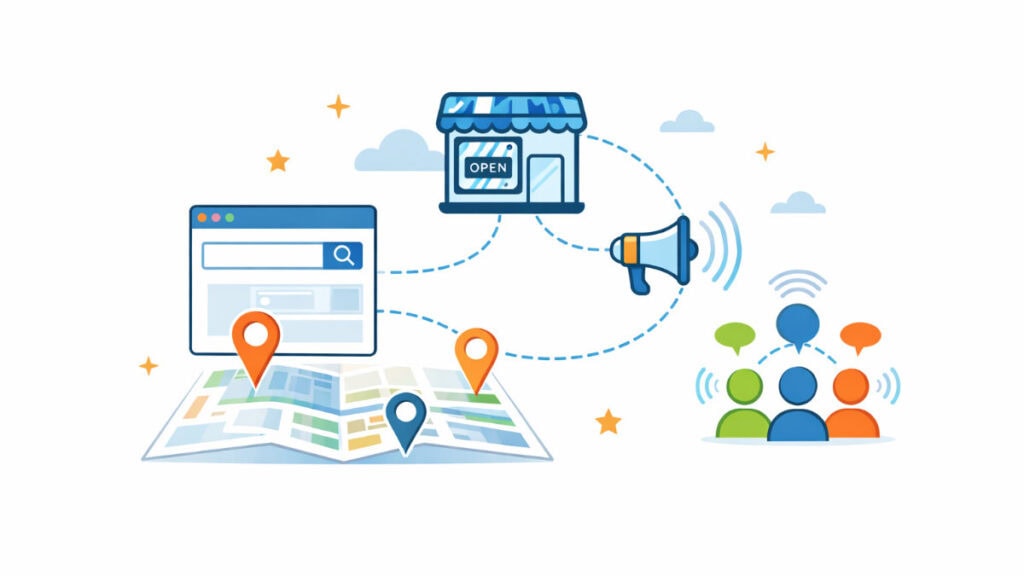 Abstract illustration showing a microbusiness website getting found online through search and digital visibility