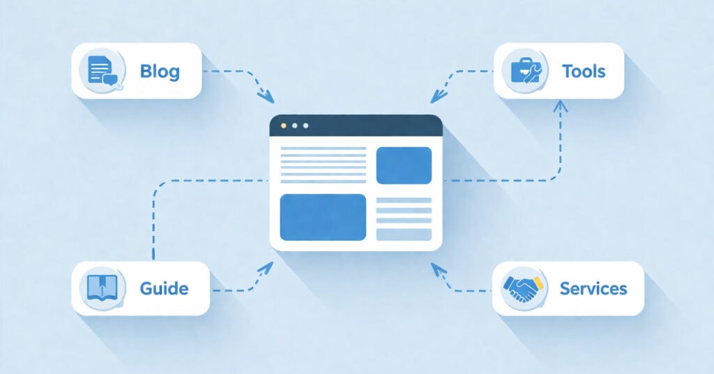 diagram showing multiple domain names directing visitors to different sections of a business website