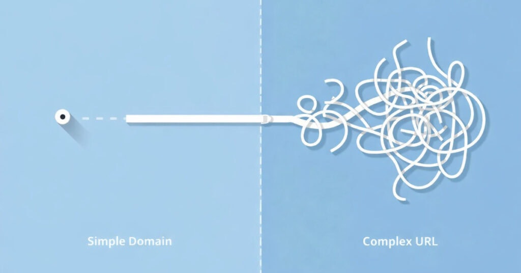 illustration comparing a simple domain with a clear path versus a complex url with a tangled confusing path