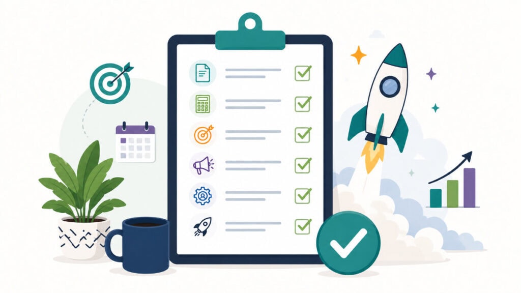 Microbusiness launch checklist showing completed planning steps alongside a rocket representing a successful business launch.