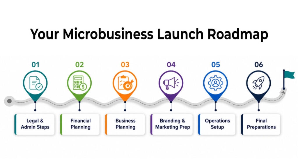 Six-step microbusiness launch roadmap covering legal and administrative setup, financial planning, business planning, branding and marketing, operations, and final preparations.