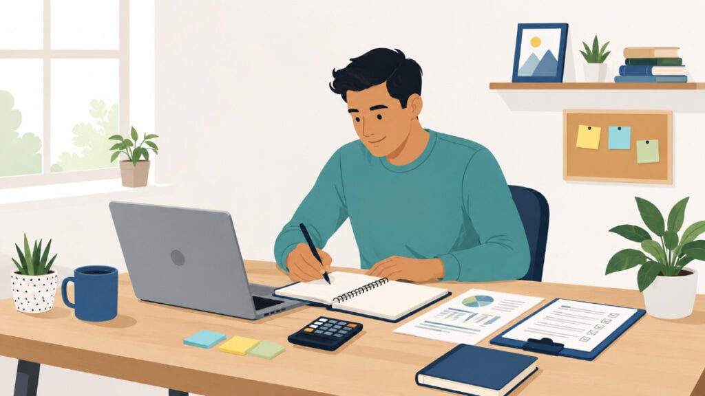 Microbusiness owner working at a home workspace with a laptop, notebook, calculator, and business planning materials.