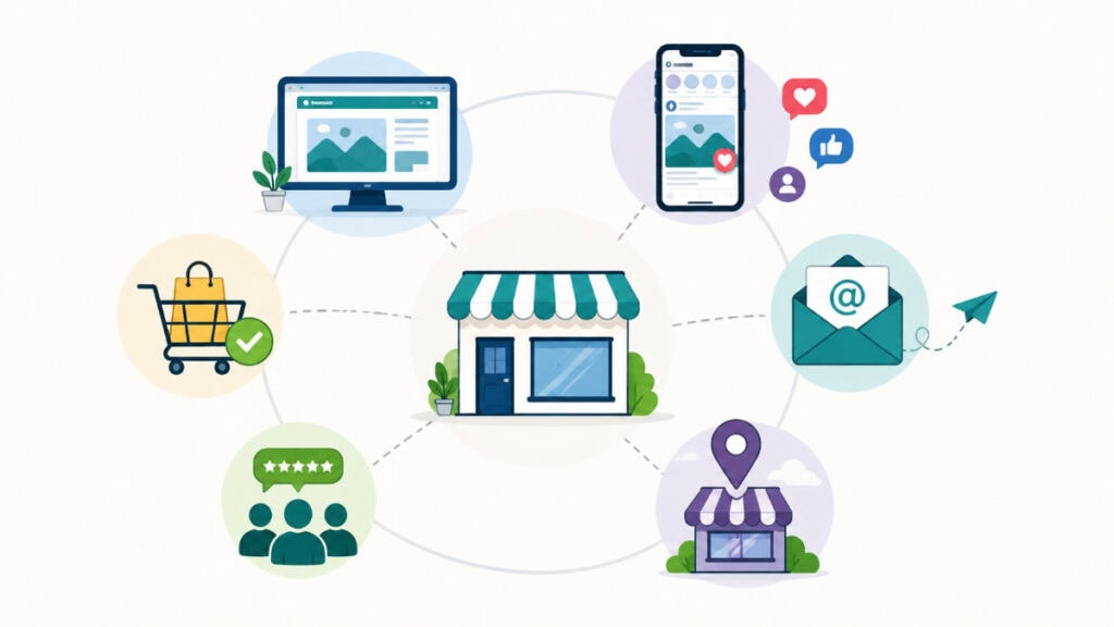 Illustration showing a small business connected to digital customer touchpoints including a website, social media, email, online shopping, reviews, and local search.